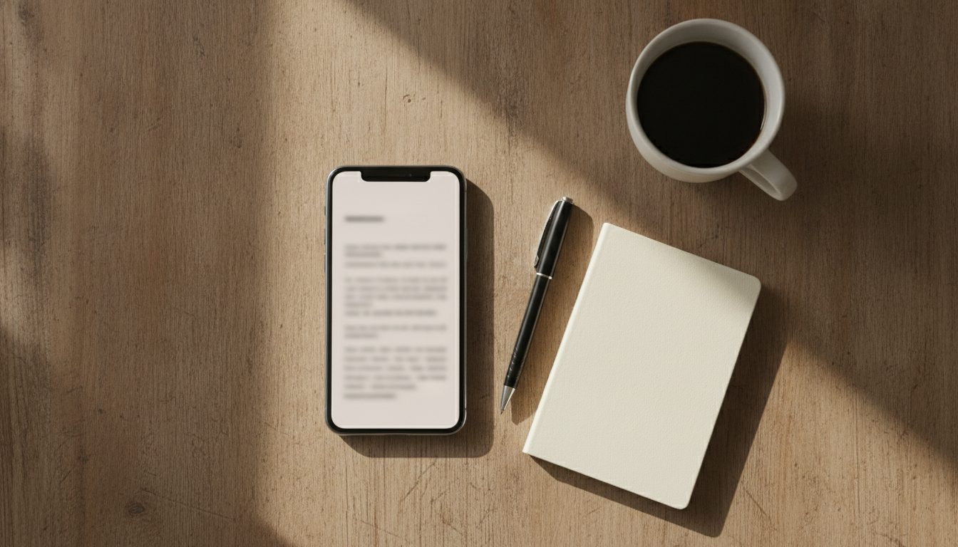 Celular com um dos materiais aberto, ao lado de caderno e café