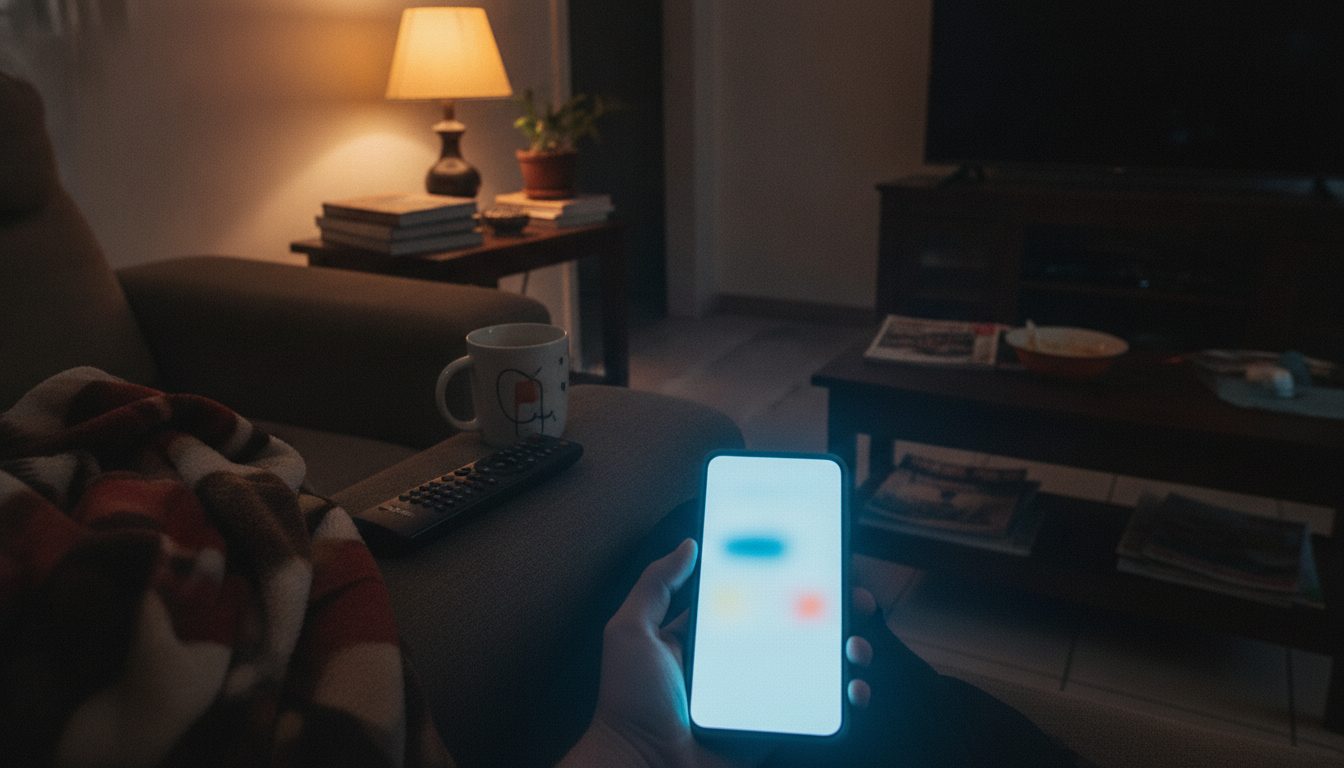 Pessoa no sofá à noite com o celular na mão